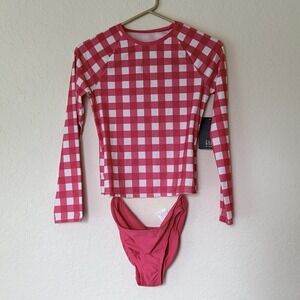 NWT GAP Girls Swimsuit Rashguard Swim Set XL UPF Gingham Pink White New 2 Piece